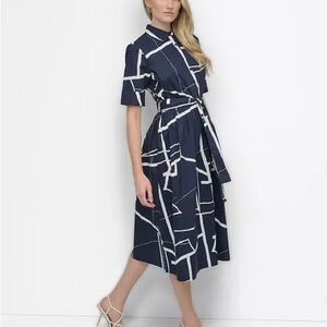 DKNY Navy and White Abstract Midi Dress 3/4 Sleeves, shape flattering Tie Belt